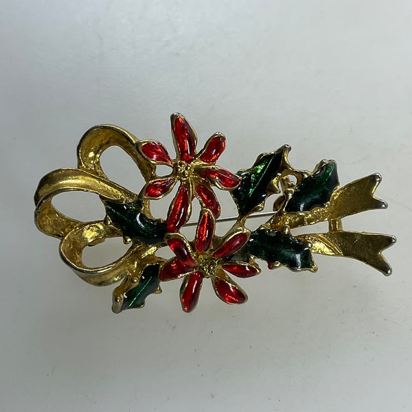 Vintage Pin Brooch Gold Toned Ribbon Poinsettias And Holly Green Red Enamel Used