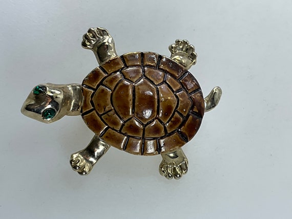 Vintage Pin Brooch Gold Toned Turtle With Brown E… - image 1