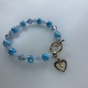 Vintage 7.75” Bracelet With Heart AB Rhinestone And Blue Beads Used