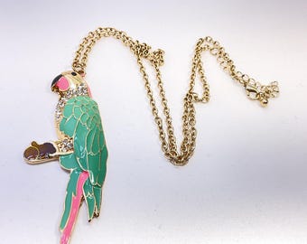 Vintage 26” Gold Toned Necklace With Parrot Pendant And Enamel Used