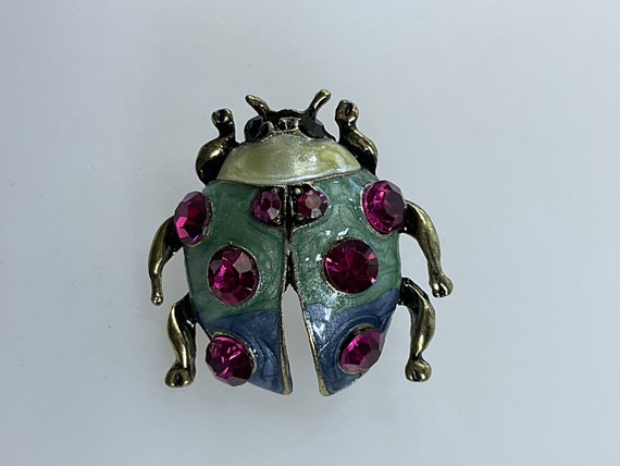 Vintage Pin Brooch Gold Toned Beetle Green Purple… - image 1