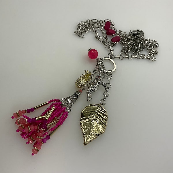 Vintage Chicos 32”-36” Necklace Silver Gold Toned With Pineapple Bird Leaf And Pink Beads Used