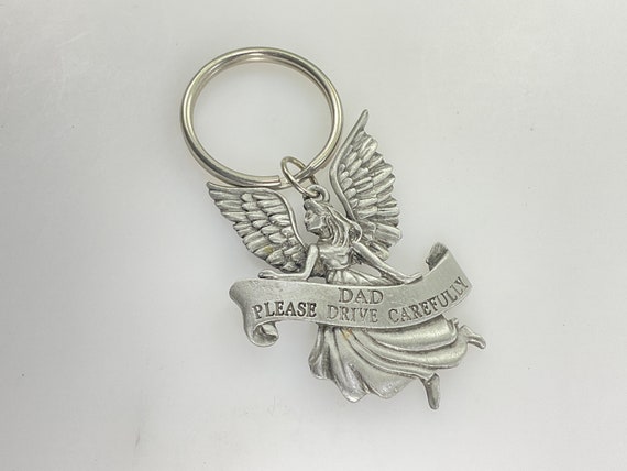Vintage Keychain Pewter Angel With DAD Please Dri… - image 1