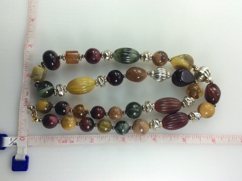 Vintage 24 Necklace With Gold Toned Burgundy Green Brown And Yellowish Beads Used image 2