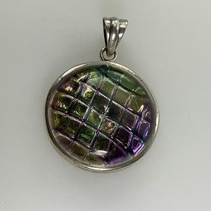 Vintage Pendant Sterling Silver 925 Round Design With Iridescent Checked Design Used
