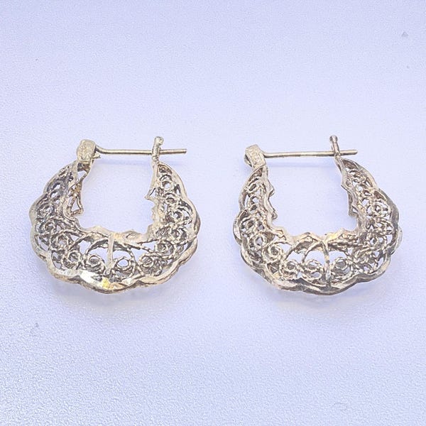 Vintage Earrings Sterling Silver 925 Filigree Hoops Used