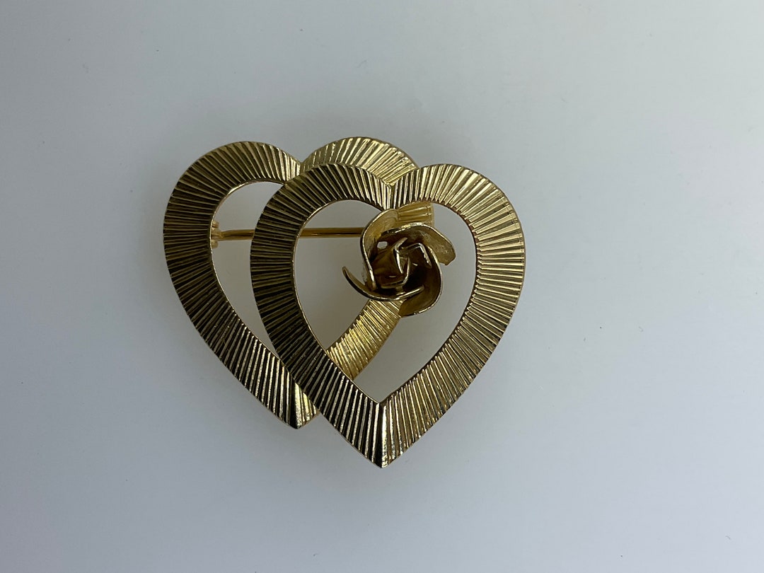 Vintage Pin Brooch Gold Toned Textured Double Hearts With Rose Used - Etsy