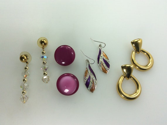 Vintage Lot Four Pair Assorted Earrings Gold Silv… - image 1