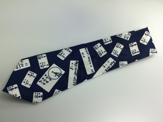 Vintage Museo Men's Necktie Math Flash Cards Design Blue White 1990s 56" Total Length New Old Stock