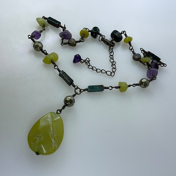 Vintage 16”-19” Necklace Brass Toned With Green Bloodstone And Amethyst Beads Used