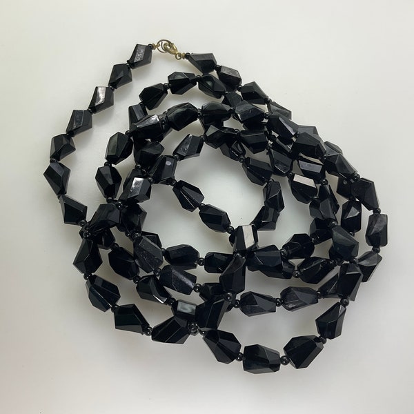 Vintage 53” Necklace With Black Plastic Beads Used