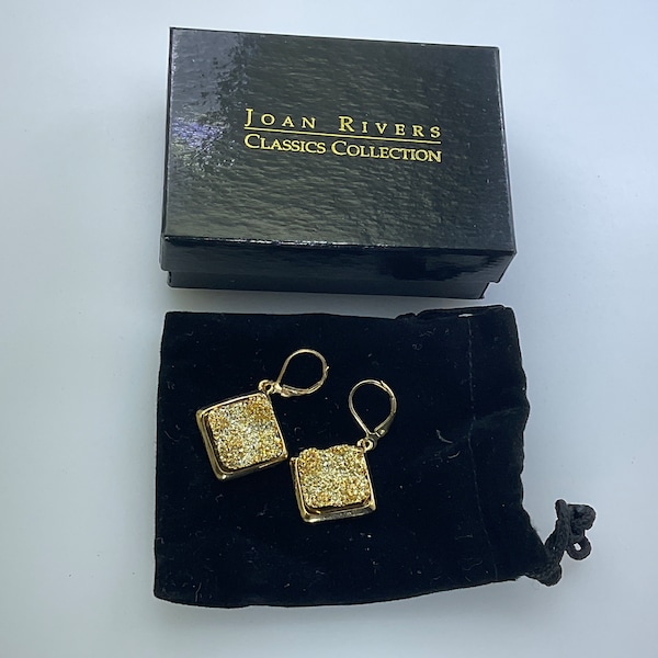 Vintage Joan Rivers Lever Back Earrings Gold Toned Diamond Shape With Gold Druze In Box Old Stock