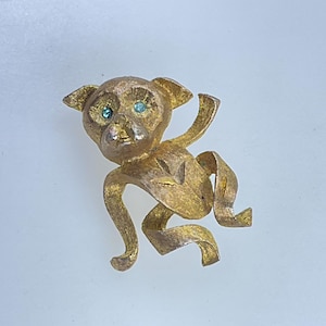 Vintage Pin Brooch Gold Toned Dog With Blue Rhinestones Used