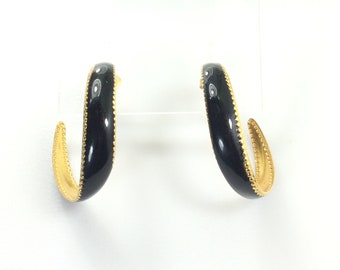 Vintage Post Hoop Earrings Gold Toned Twist Design With Black Enamel Used