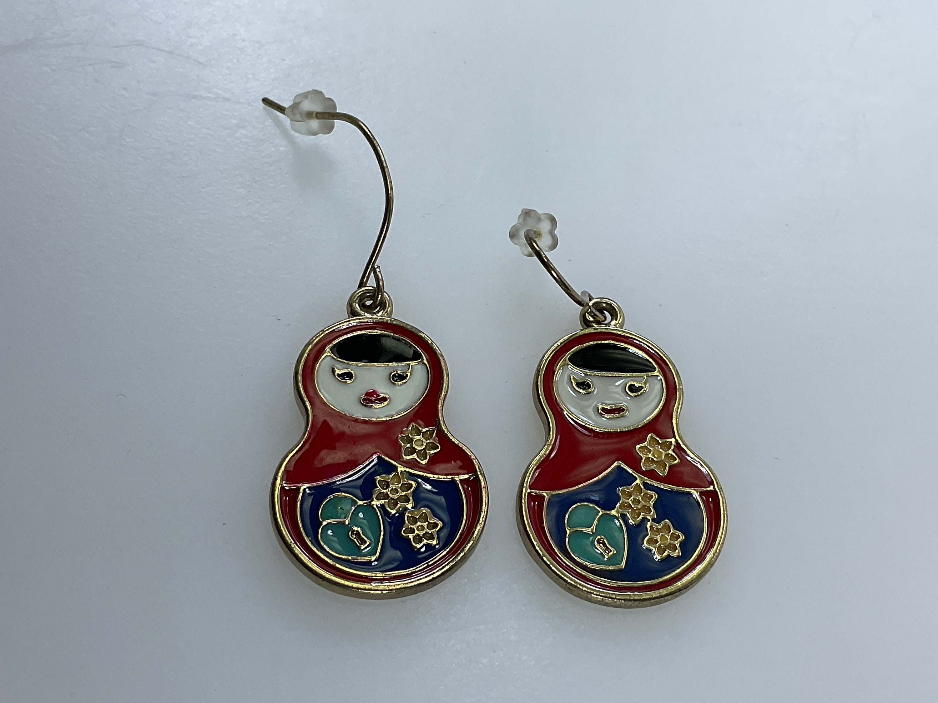 Vintage Dangle Earrings Gold Toned Russian Doll With Red White Blue Yellow Green Used