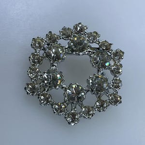 Vtg Clear and Black Rhinestone Hexagon Brooch, Silvertone Vtg Clear and Black Rhinestone Hexagon Brooch, Silvertone