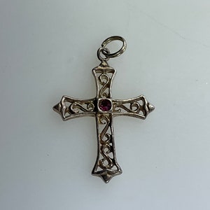 Vintage Pendant Sterling Silver 925 Filigree Cross With Pink stone Needs Cleaned Used