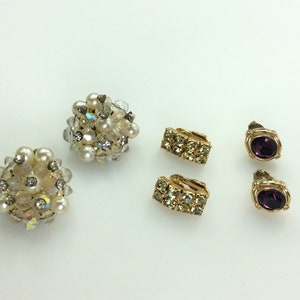 Vintage Lot Three Pair Assorted Clip On Earrings Gold Toned With Rhinestones Beads Used