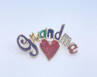 Vintage Silver Toned Pin Brooch Grandma With Heart And Glitter Enamel Used