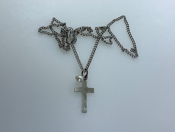 Vintage 16” Necklace Silver Toned Cross With Whit… - image 1