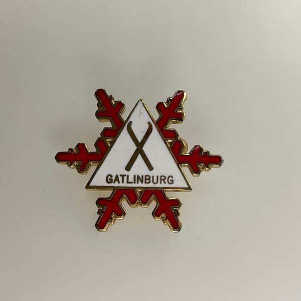 Vintage Souvenir Pin Brooch Gold Toned Gatlinburg Snowflake And Triangle Red White Enamel Used