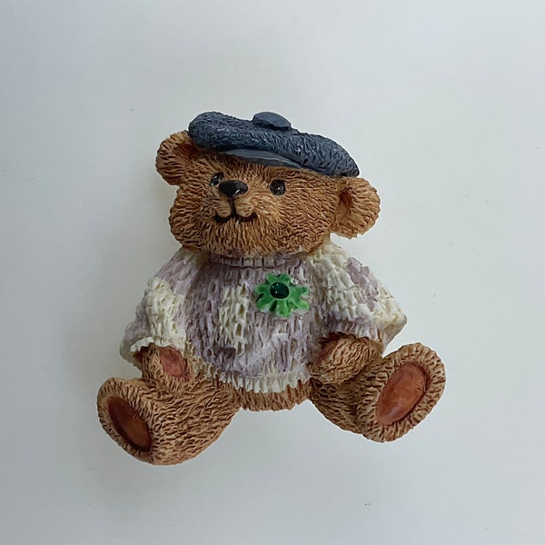 Vintage Pin Brooch Bear In Hat And Sweater With Flower Brown Lavender White Blue Used
