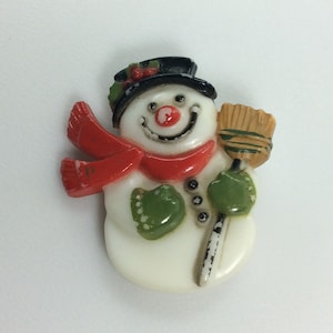 Vintage Pin Brooch White Plastic Christmas Snowman With Hat Scarf And Broom Black Red Green Shows Wear Used