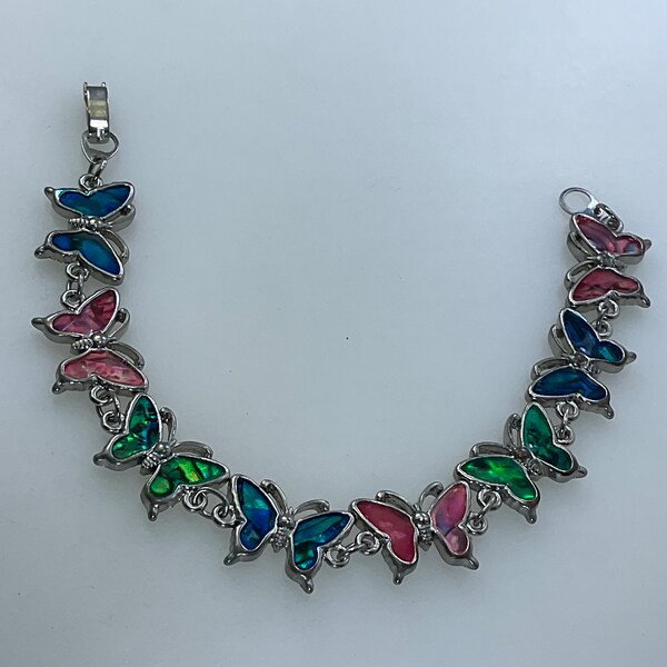 Vintage 7.5” Bracelet Silver Toned Butterflies With Abalone Shell Pink Blue Green Used