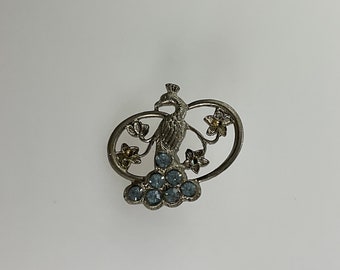 Vintage Pin Brooch Silver Toned Peacock And Flowers Design With Blue Rhinestones Missing Stones Used