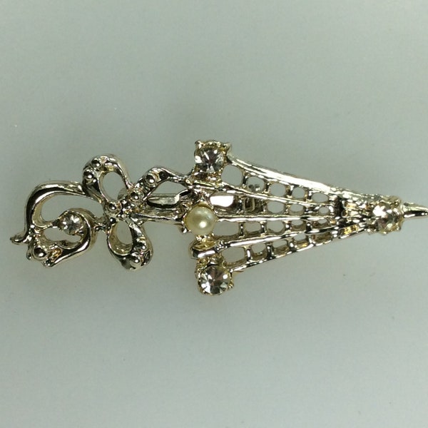 Vintage Pin Brooch Gold Toned Umbrella Design With Clear Rhinestones And White Faux Pearl Used
