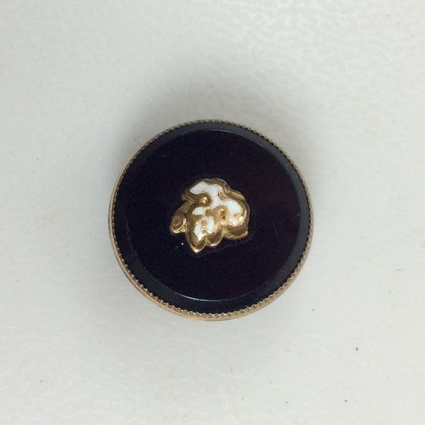 Vintage Collar Button Gold Toned Round Black Onyx With White Enamel Leaf Used