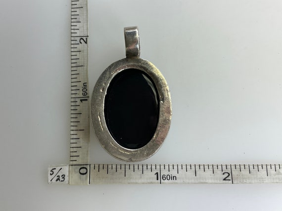 Vintage Pendant Silver Toned Oval Black Agate Used - image 2