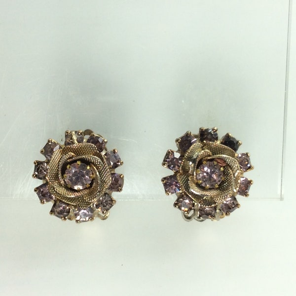 Vintage Clip On Earrings Gold Toned Round Rose Flower Design With Pinkish Lavender Rhinestones Used