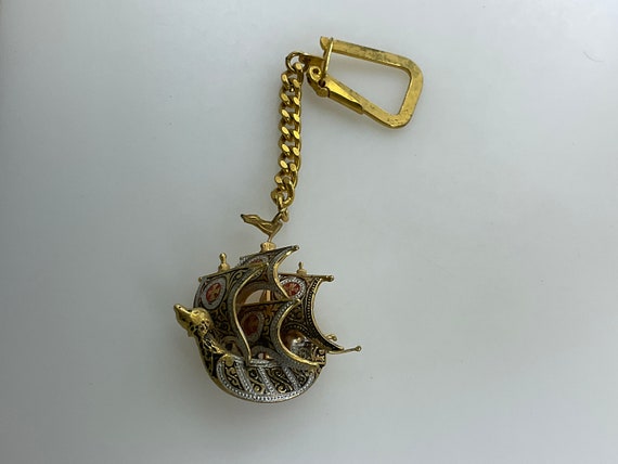 Vintage Keychain Gold Toned Spanish Ship With Red… - image 1