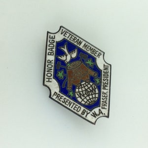 Vintage Pin Brooch Silver Fr Diamond Shape Honor Badge Veteran Member WA Fraser President White Blue Green Brown Enamel Used