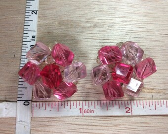 Vintage Gold Toned Pink Plastic Beaded Clip On Earrings Western Germany Used