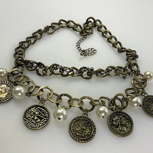 Vintage 14”-17” Necklace Brass Toned Faux Coins White Faux Pearls And Clear Rhinestones Used