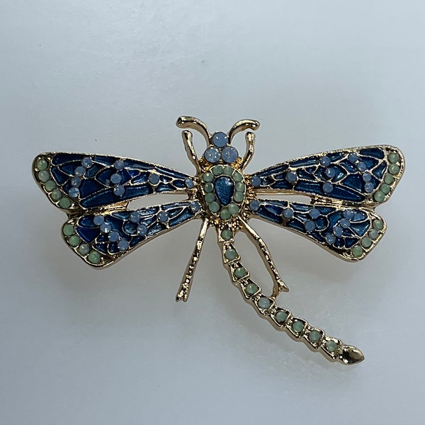 Vintage Pin Brooch Gold Toned Dragonfly With Green Blue Rhinestones And Blue Enamel Used