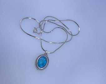 Vintage 23” Necklace Silver Toned Oval With Faux Turquoise Used