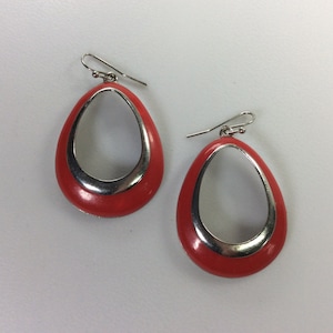 Vintage Dangle Earrings Silver Toned Open Teardrop With Red Enamel Used