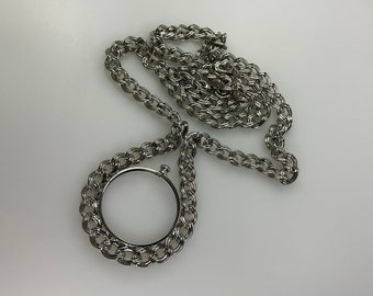 Vintage 26” Necklace Silver Toned Chain With Coin Holder Design Used