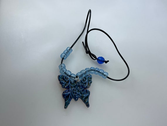 Vintage 17” Necklace Blue Floral Butterfly And Be… - image 1