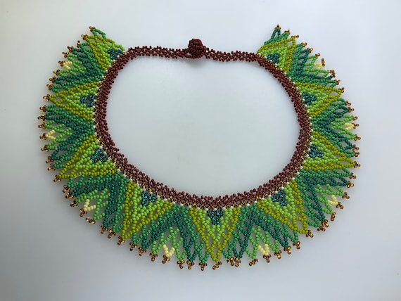 Vintage 16” Necklace Seed Bead Design Green Orang… - image 1