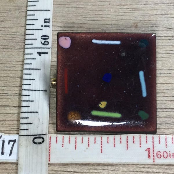 Vintage Square Copper Pin Brooch  Enamel Lines Spots Pink Red Green Blue Yellow Used