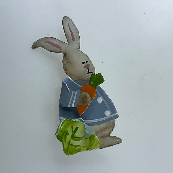 Vintage Pin Brooch Metal Rabbit With Carrot White Pink Orange Green Blue Used