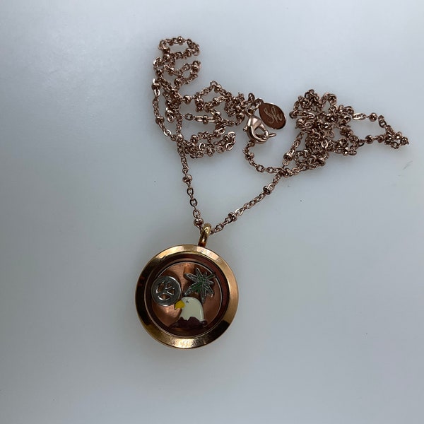 Vintage South Hill 31” Necklace Rose Gold Toned Round With Eagle Peace Sign And Pot Leaf Charms Passion Used