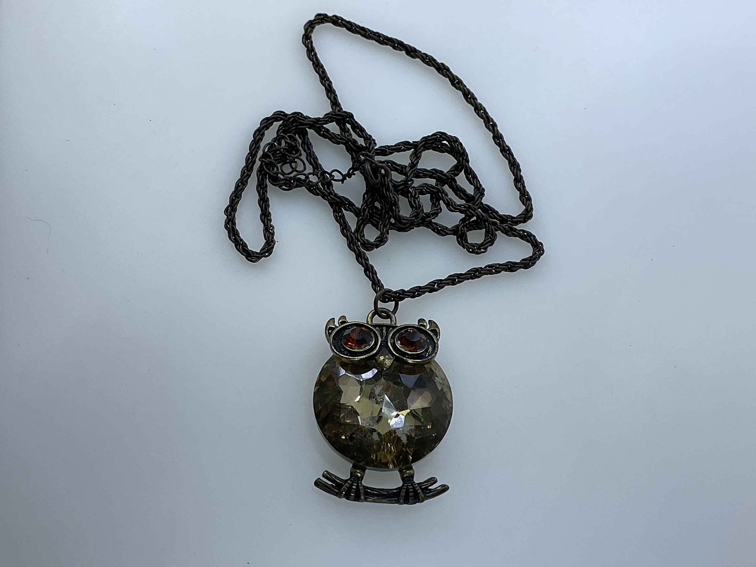 Vintage 30”-33” Necklace Brass Toned Owl With Orange Brown