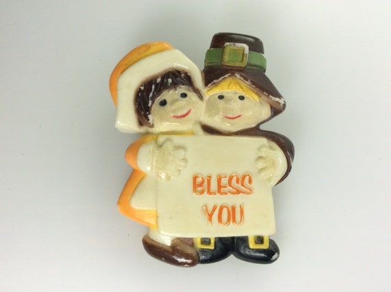 Vintage Pin Brooch Thanksgiving Pilgrims Design W… - image 1