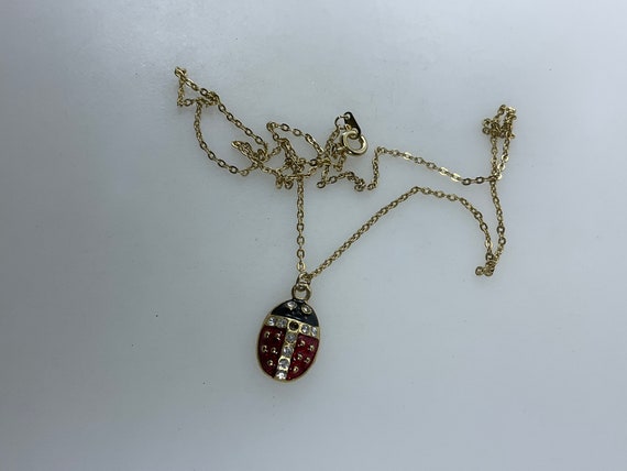 Vintage 18” Necklace Gold Toned Lady Bug With Red… - image 1