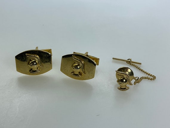 Vintage Cuff Links Tie Tack Set Gold Toned Armor … - image 1
